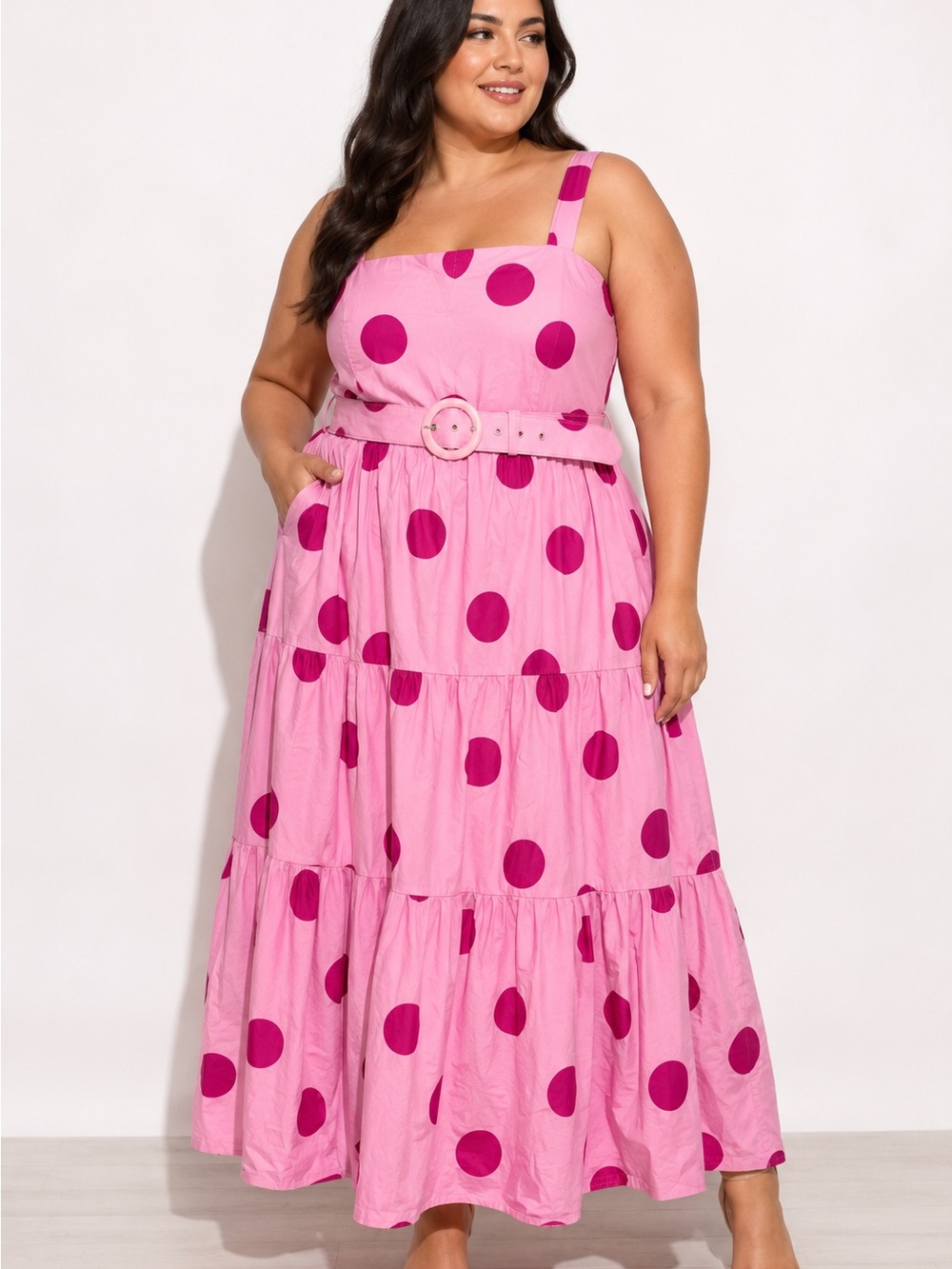 City Chic Pink Polka Dot Maxi Dress with Belt